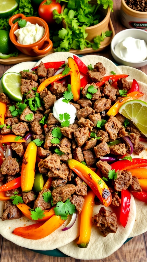 A colorful platter of beef fajitas with peppers and onions, served in tortillas with toppings.